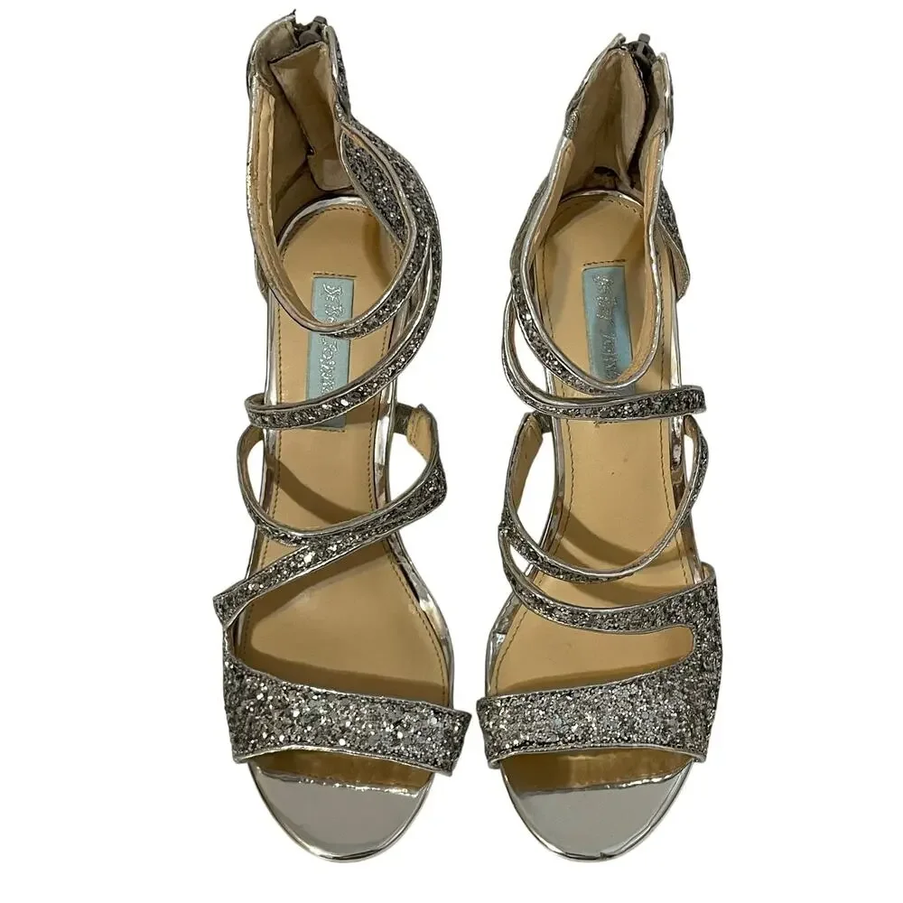 Blue by Betsey Johnson Izzy Women’s Silver Glitter Strappy Stiletto Sandals 8.5